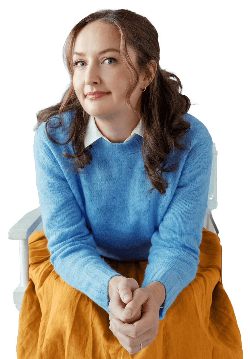 Cecelia with pig tails sitting on stool with clouds nobg